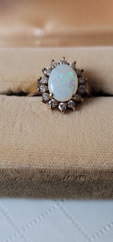 14K Yellow Gold Opal & Diamond Ring Sz 6.5 Oval Shape Sunburst Accent Frame VTG - Picture 4 of 24