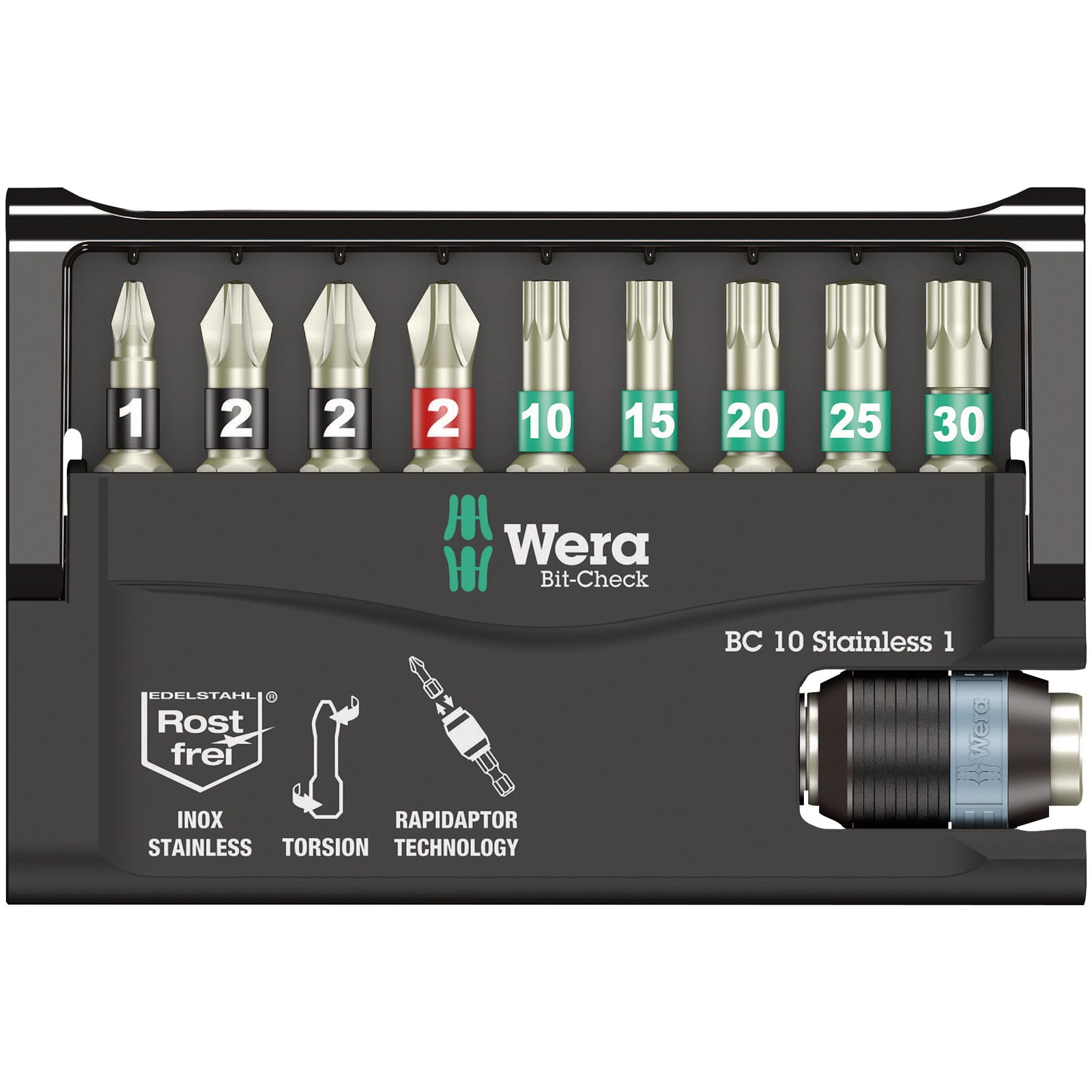 Wera BC10/9 Stainless Torsion Bit-Check PH/PZ/TX, 10-Piece Set