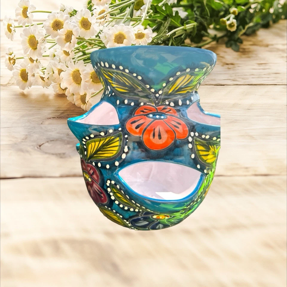 Plantador de morango Talavera azul turquesa com flor 6 bolsos - Imagem 4 de 4