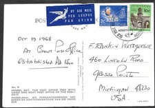 SOUTH AFRICA, 1968, AIRMAIL COLOR POSTCARD fr. MOSSEL BAY to MI., Sc# 329, 337