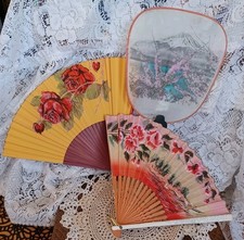 VINTAGE LOT OF 3 OCCUPIED JAPAN FANS 2 FOLDING PAPER/WOOD 1 FIXED SILK