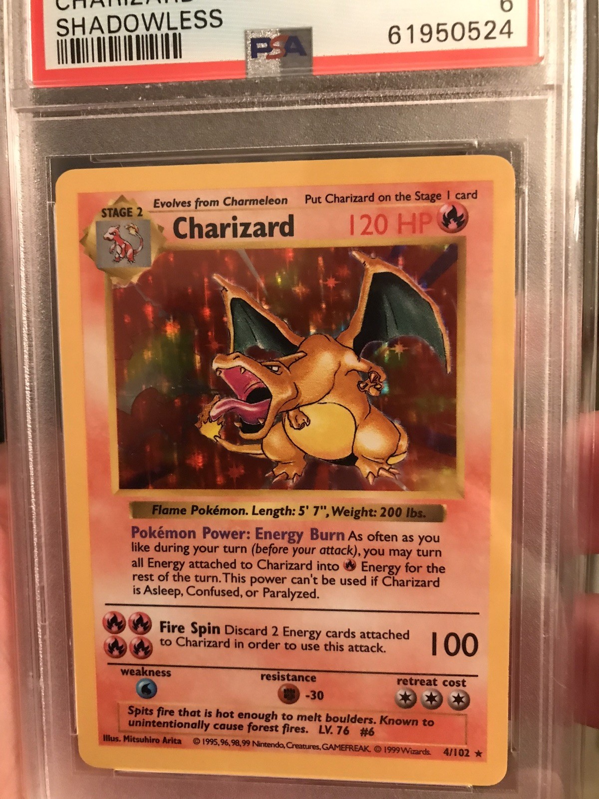 1999 Pokémon Charizard Base Set Holo Shadowless Rare 4/102 PSA 6