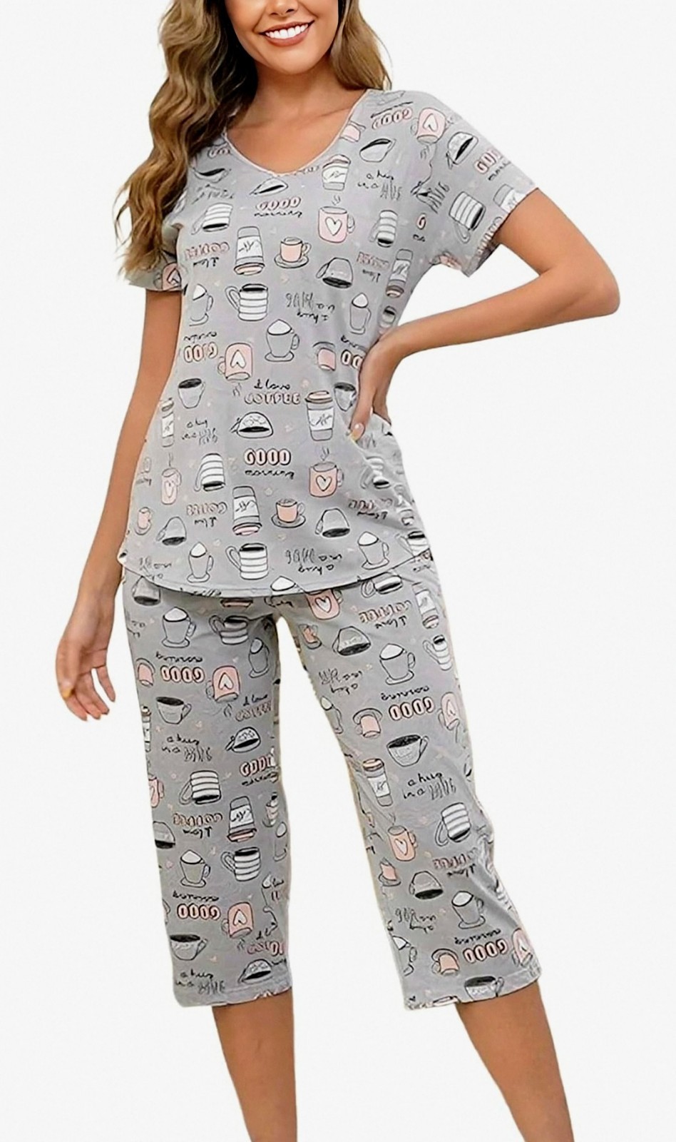 Inaday Women's Pajama Set, Short Sleeve Top W/Capri Pants, 2-Piece Set, Size M