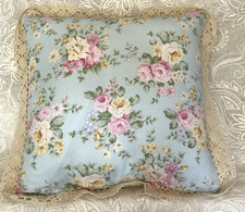Handmade Baby Nursery Bedding Blue Cottage Floral Throw Pillow Crochet Lace Trim