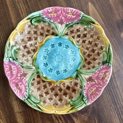 Antique Moulin des Loups Majolica Flowered Plate With Minor Issues Please Read