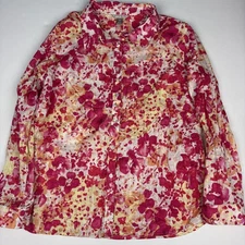 White Stag Women XXL Shirt Pink White Yellow Floral Long Sleeve Roll Tab Cotton