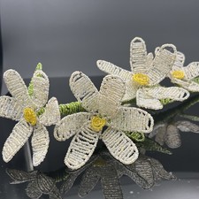 Vintage French Beaded Glass Flower White  Yellow Handmade Wire Stem 20  