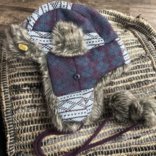Chaos Women's Knit Faux Fur Blue Burgundy Trappers Hat W/ Earflaps Pom Poms