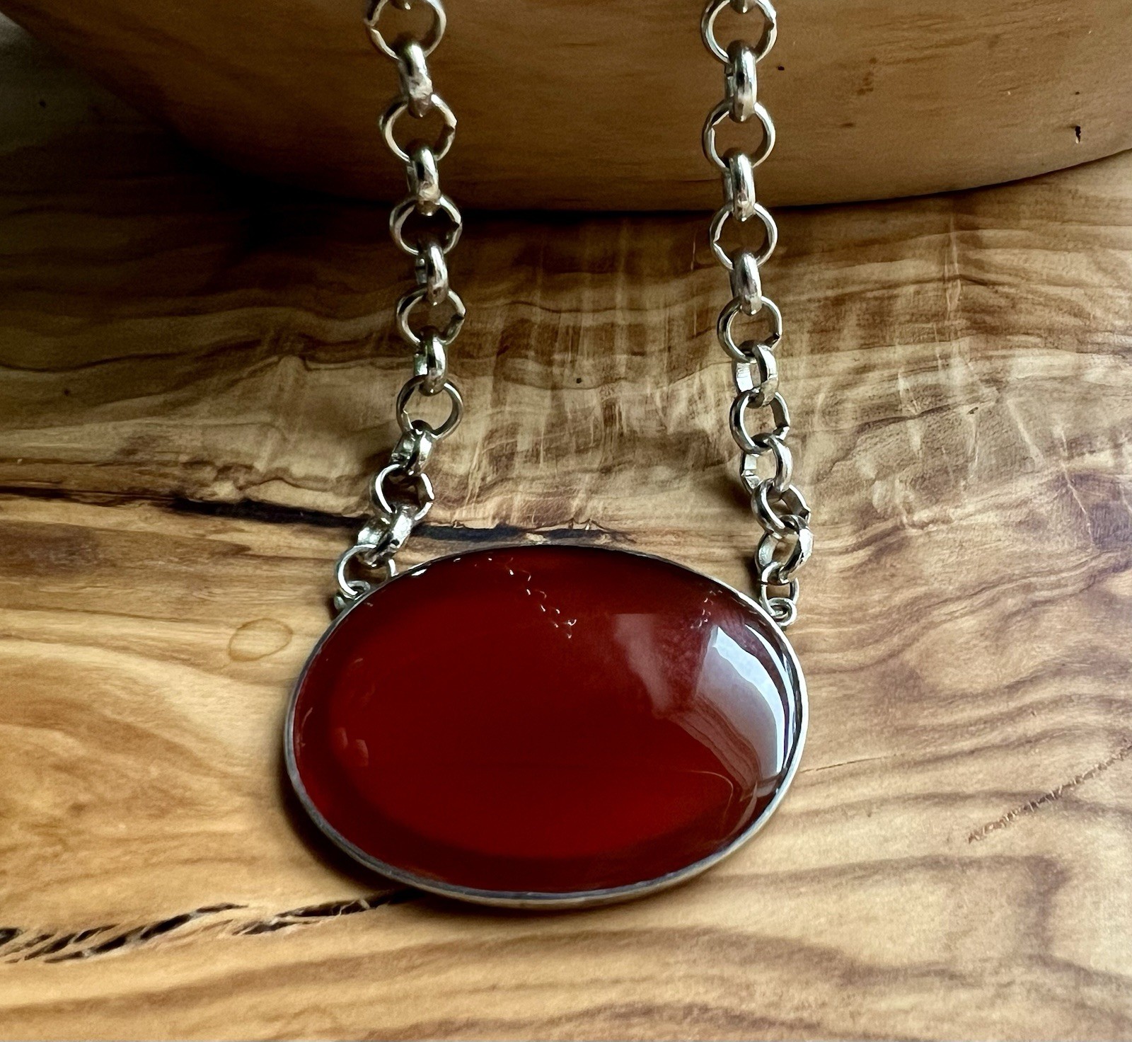 Sterling Silver Carnelian Necklace Vintage Oval Cabochon Pendant Chain Necklace