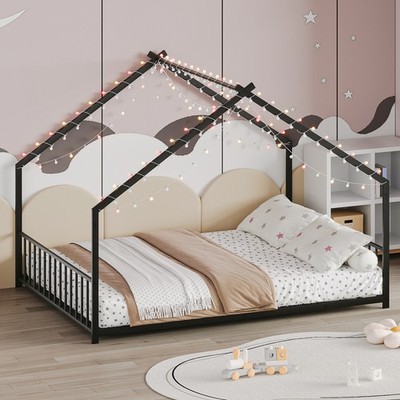 Full size children's bed frame with LED light strips, roof-shaped iron frame bed