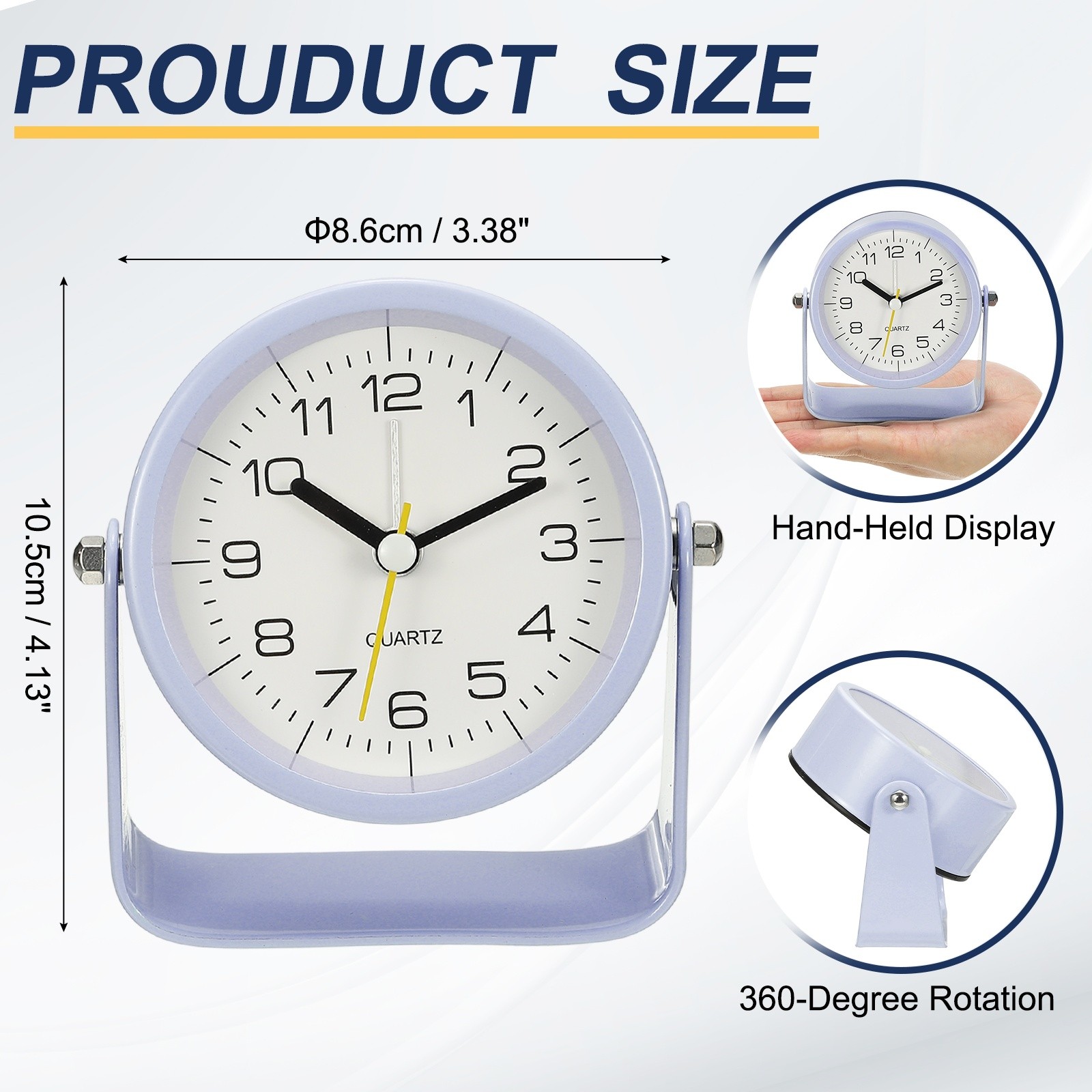 3.4" Small Analog Alarm Clock, Adjustable Angle Small Desk Clock, Light Purple