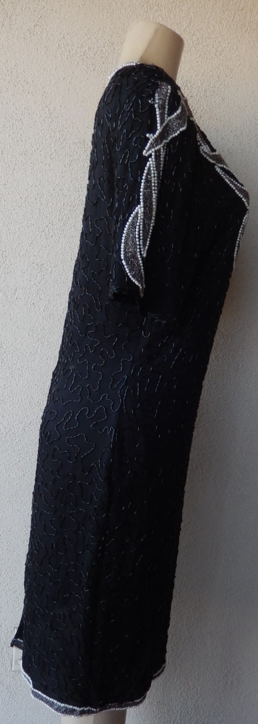 VTG 90s Felicity Black Silk Dress Beads & Faux Pearls S 10-12 Short Sleeve Rare image 5