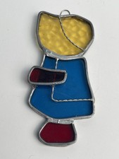 Vintage Stained Glass Sun Catcher Girl With Bonnet And Flower Window Art