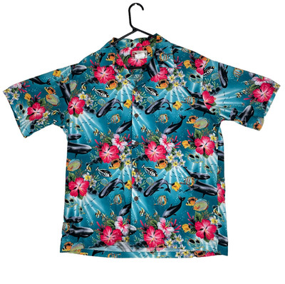 Hilo Hattie Hawaiian Shirt Mens Large Button Up Whales Floral Fishes Blue