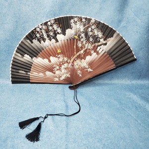 Japanese Cherry Blossom Folding Fan Black Brown Tassels Beautiful Handheld