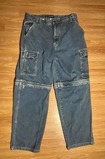 Vintage Bugle Boy Jeans Men Dark Wash Cargo Coverts To Shorts 38x32 Baggy Rare