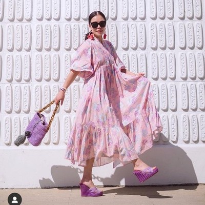 byTiMo Floral Scandi Midi Dress Med Pink Blue Balloon Sleeve Artisan Sustainable