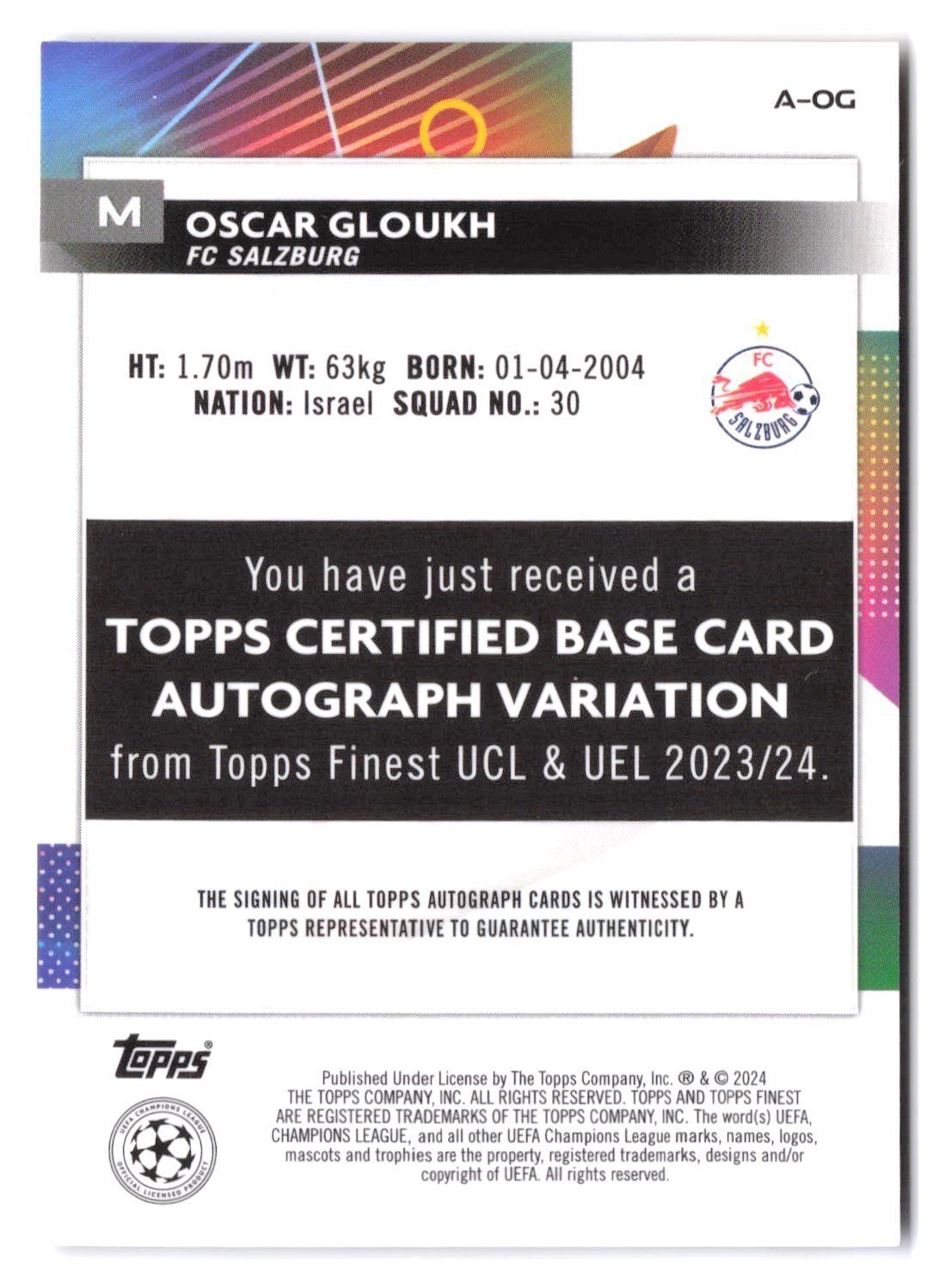 2023-24 Topps Finest UEFA - Oscar Gloukh Refractor Rookie Autograph RC Auto view 2