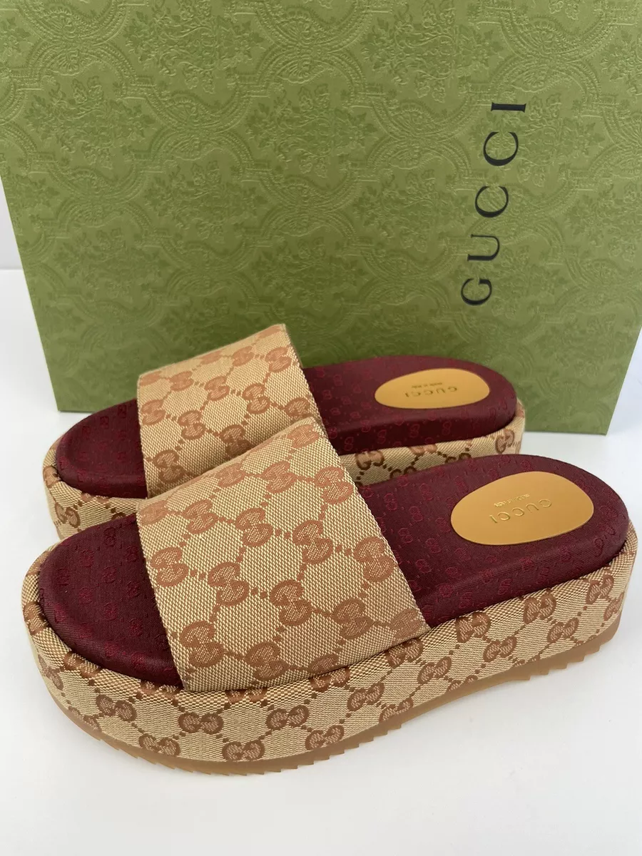 Gucci 573018 Angelina GG Supreme Platform Slide Sandals Beige Gucci 573018 Angelina GG Supreme Platform Slide Sandals Beige