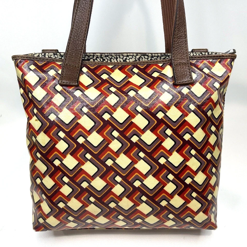 #FOSSIL Bolso de Mano Llave por Bolso de Hombro Geométrico PVC Recubierto Lona Cuero Borde Foto 2 de 4