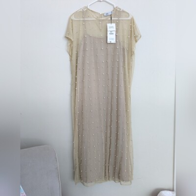 princess polly baby blue dress ZARA TULLE PEARL JEWEL KNIT MIDI DRESS BEIGE S NWT