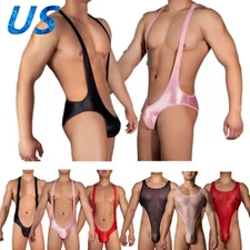 Men's Sexy Sissy Glossy Sheer Bodysuit One Piece Pouch Jockstrap Underwear