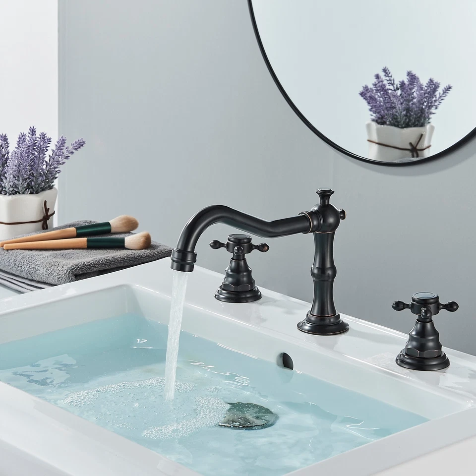 Oil Rubbed Bronze Bathroom Faucet 3 Hole Sink Vanity Mixer Faucet Tap with Drain - Image 4 of 4