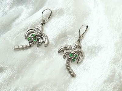 Ohrringe, gemarkt Silber.925 Sterling, Palmen & grüne Steine, gebraucht. (#2)