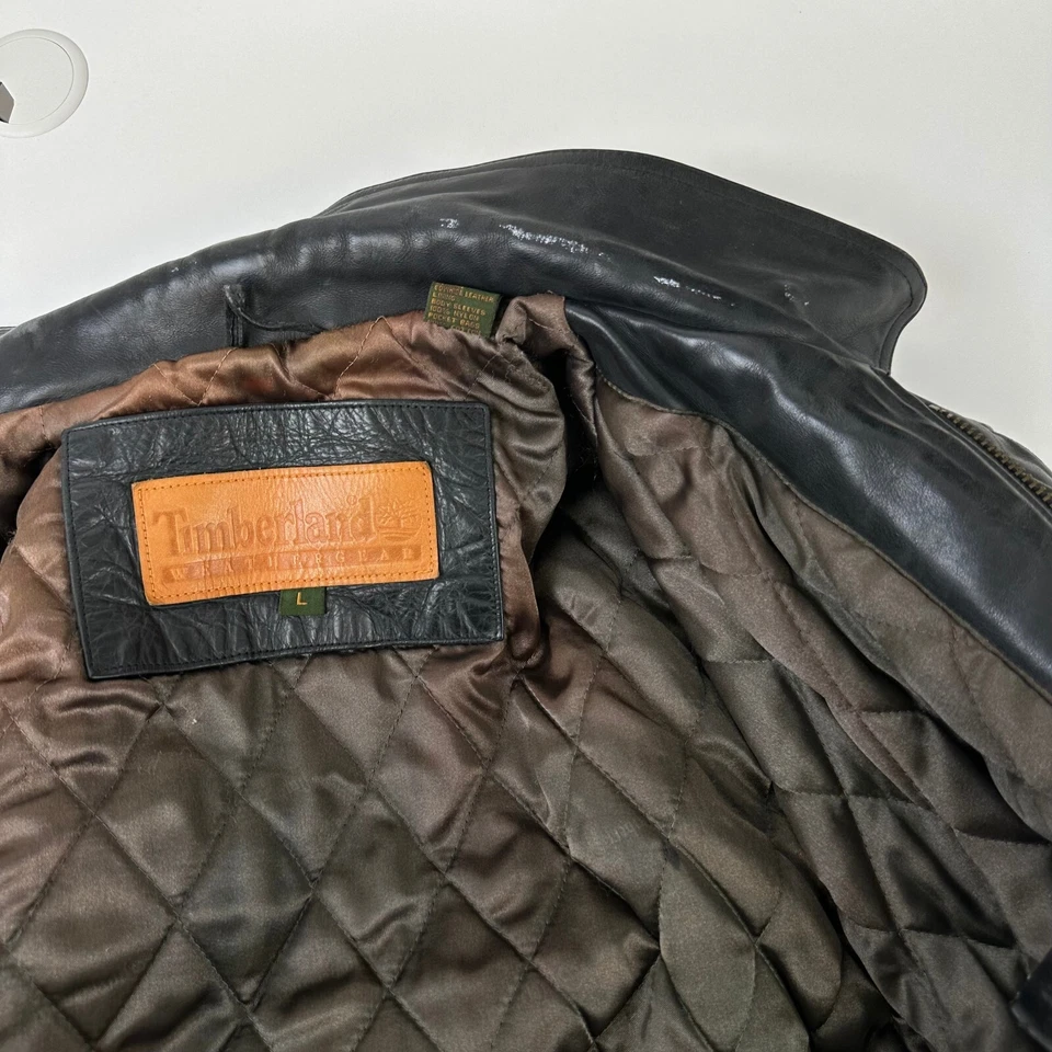 Vintage Timberland 1998 Mens Cowhide Leather Jacket Size L Black Super Heavy - Image 4 of 4