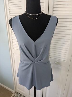 Express Top Womens L Textured Stretch Sleeveless Vneck Tucks Blue Peplum Sash
