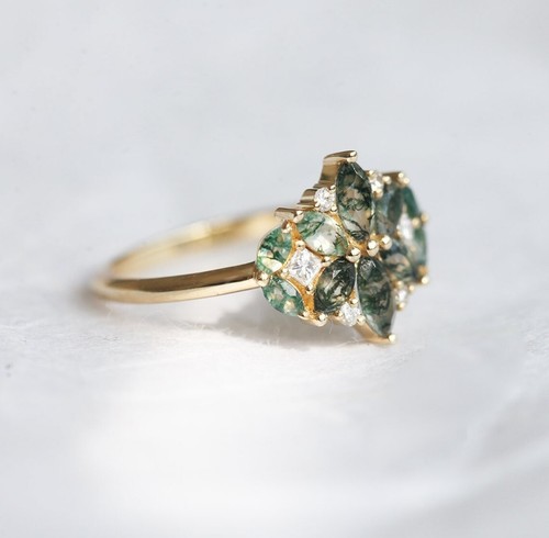 Bague agate mousse bague or massif 10 carats pierre précieuse détaillant bague bijou spécial taille disponible