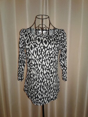 NWT   Liz Claiborne Leopard Print Boatneck 3/4 Sleeve Tee Top   Black & Gray   S