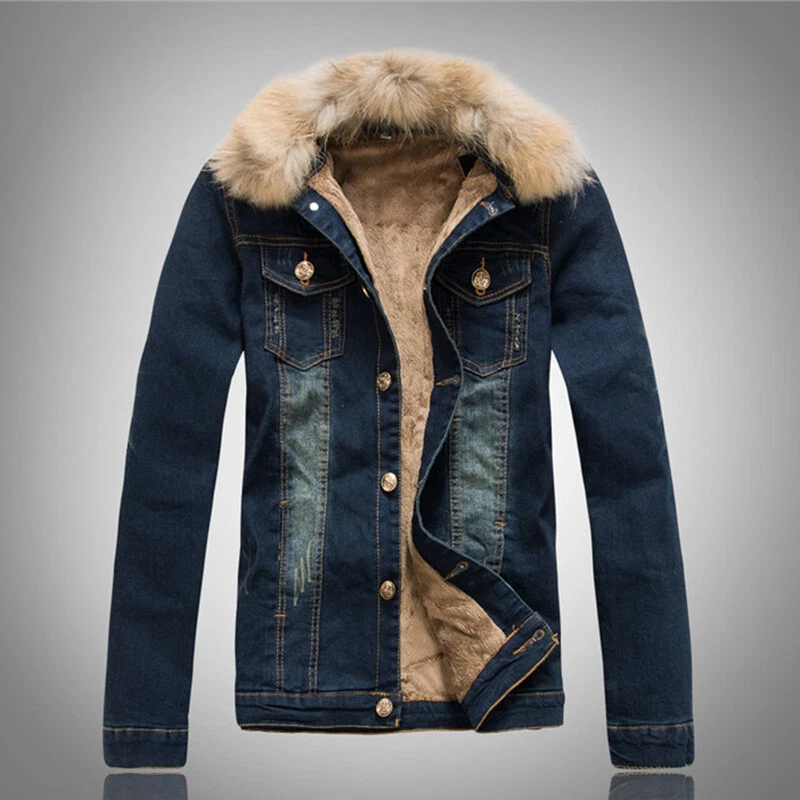 Mens denim jacket top with faux fur collar