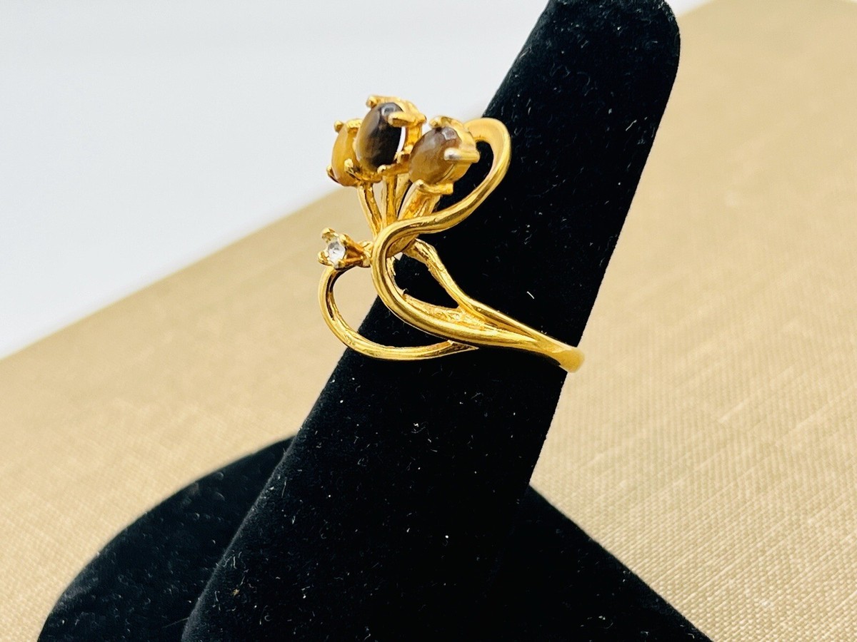 Vintage 18K HGE Gold Plated Tigers Eye Ring Size 6 Climbing Vines