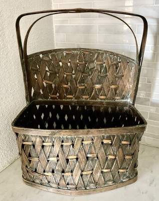 Vintage Wall Or Standing  Woven Basket, Sturdy, Sold Base, Handle, 15  Tall,