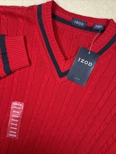 IZOD Pullover V-neck Sweater Medium Cable Knit 100 Cotton Red Preppy Classic