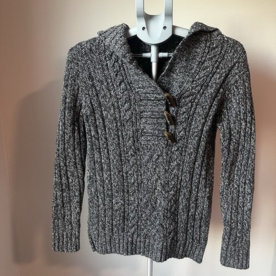 Hand Knit Navy Cream Cable Knit Hooded Toggle Sweater S/M Coastal Gran Nautical