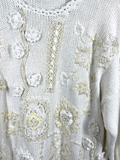 Vtg Embroidered Crochet Cottage Core Ivory Sweater Size Large Granny Core Boho