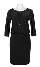 NINE WEST 3/4 Sleeve Stretch Mini Black Dress Gold Grommets Size 10 Cinched Tie