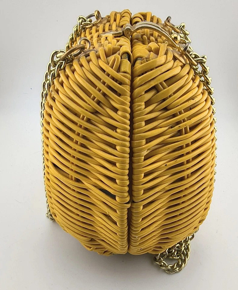 ВИНТАЖНЫЙ ГОРЧИЧНЫЙ ЖЕЛТЫЙ ЖЕЛЕ ПЛЕТЕНАЯ ЦЕПОЧКА СУМКА СУМКА СДЕЛАНО В ГОНКОНГЕ - Изображение 2 из 4