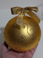 Vntg 4.5  Hand Blown Glass Gold Glitter Christmas Tree Ornament - Made In Poland