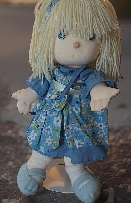 Precious Moments Rag & Cloth Girl Doll Blonde Yarn Hair Blue Dress Blue Eyes