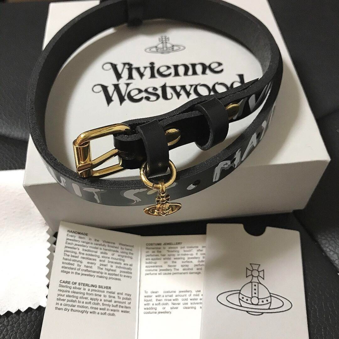 Vivienne Westwood Orb Choker Bracelet Leather Black Gold Outlet