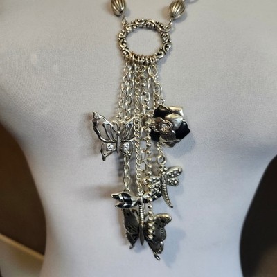 Silver Tone Charm Necklace Butterflies Dragonfly Rose Flower Pendant