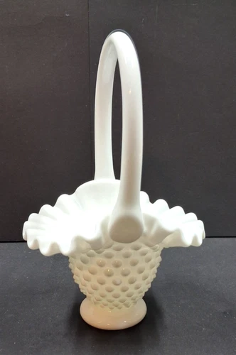 Vintage Fenton Milk Glass Hobnail Basket Ruffled Edges