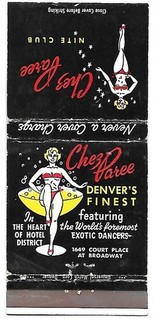 CHEZ PAREE NIGHT CLUB DENVER CO EXOTIC DANCERS GIRLIE IN COCKTAIL GLASS COV.