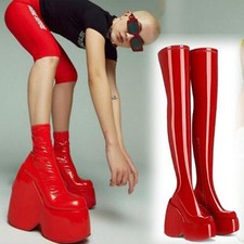 Womens Platform Wedge Chunky Heel Ankle Boots Round Toe Elastic Large Size Boots