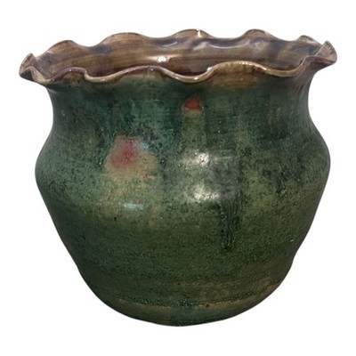 Handmade Studio Pottery Green Speckled Wavy Rim Bowl Planter Signed