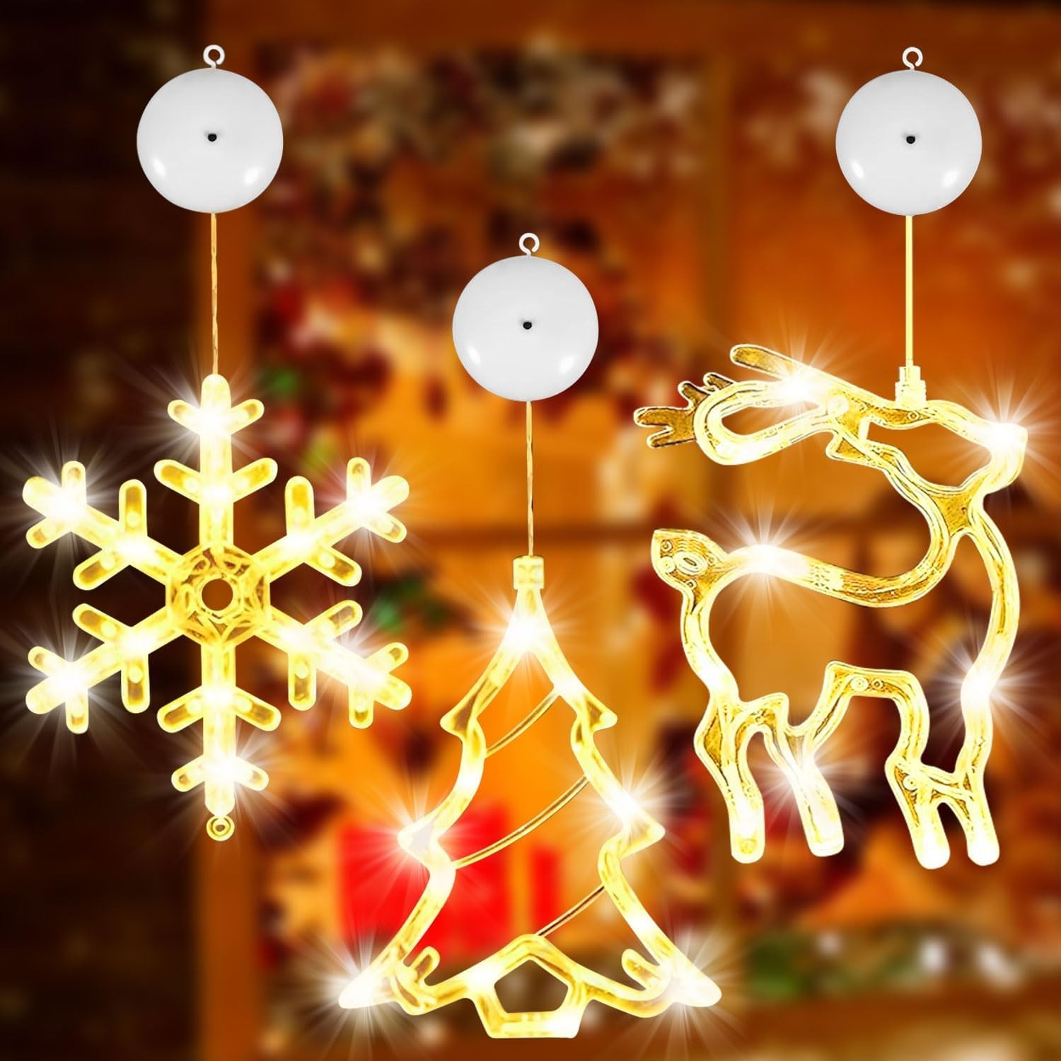 3Pcs Christmas Decorations, Warm White Reindeer, Christmas Tree, Snowflake Chri