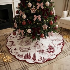 Dark Red 60'' Vintage French Scalloped Christmas Velvet Tree Skirt, Classic